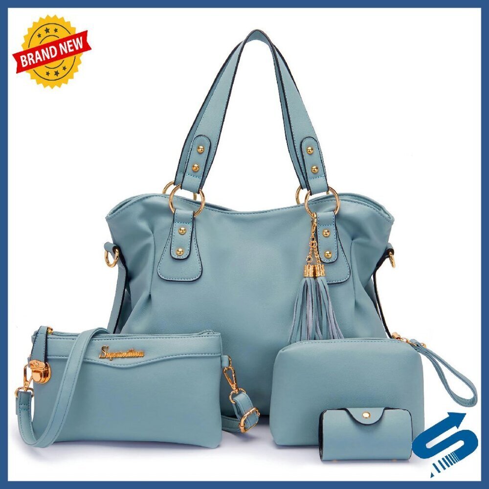4-Piece Vegan Leather Handbag Set with Adjustable Strap & Multiple Pockets